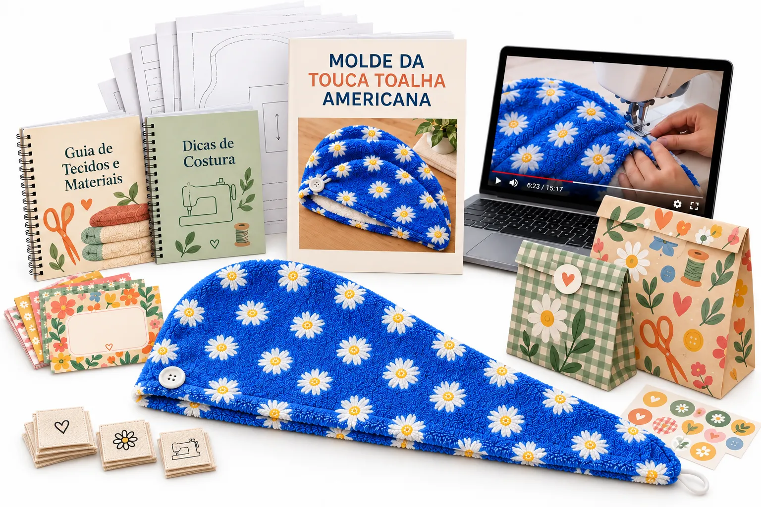 Kit Profissional: molde da touca toalha americana, guias, videoaula e bônus de embalagem