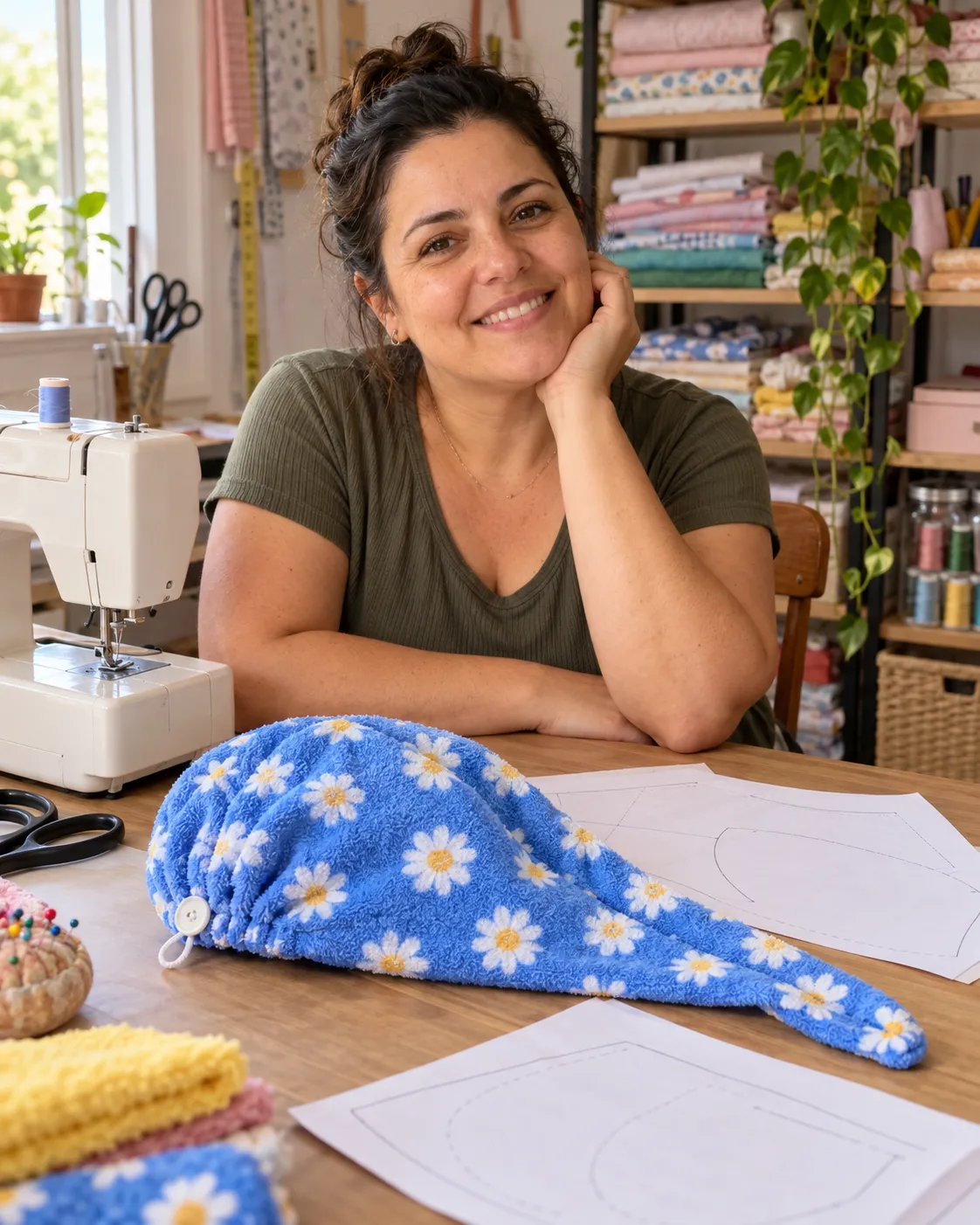 Mariana Reis, costureira e modelista, em seu ateliê ao lado de uma touca toalha azul
