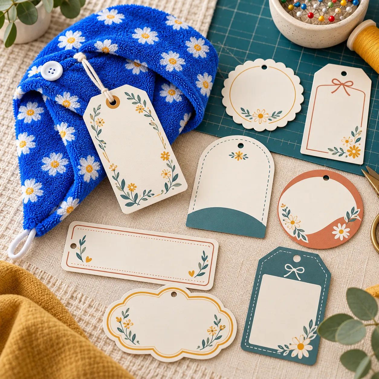 Etiquetas de papel variadas ao lado de uma touca toalha azul floral