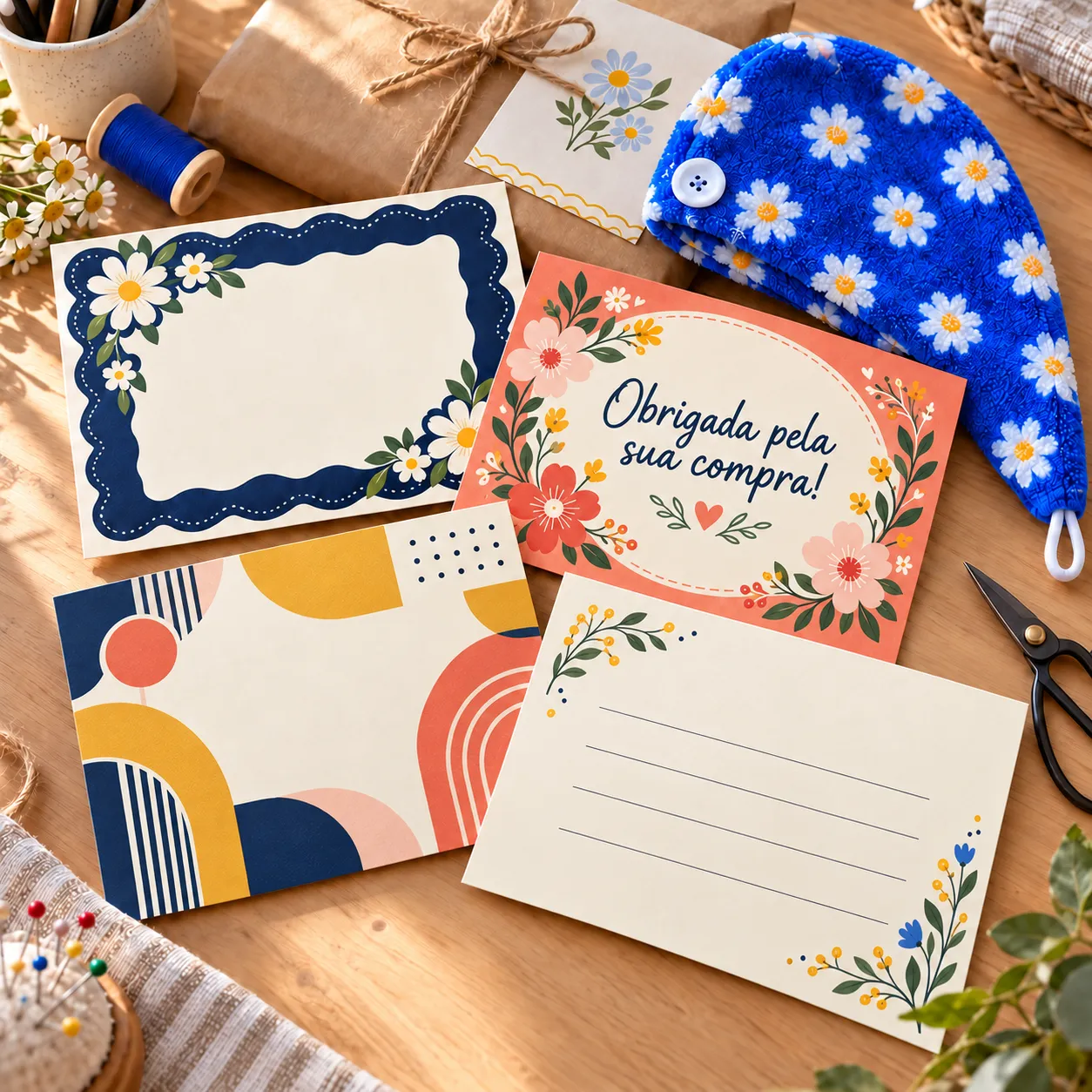 Cartões de agradecimento decorados ao lado de uma touca toalha azul floral