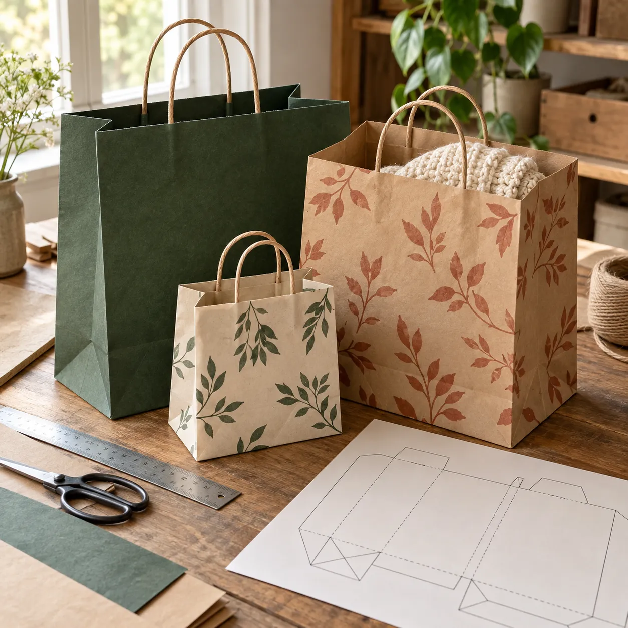 Sacolas de papel em diferentes tamanhos sobre a mesa com o molde da sacola