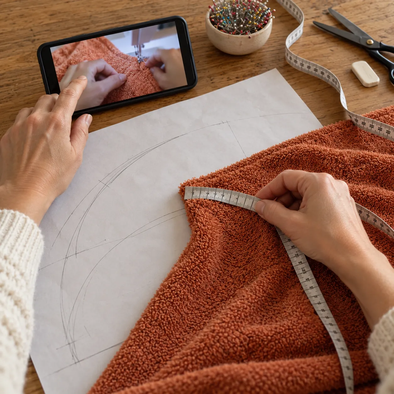 Celular com videoaula sobre a mesa enquanto se tenta medir a toalha