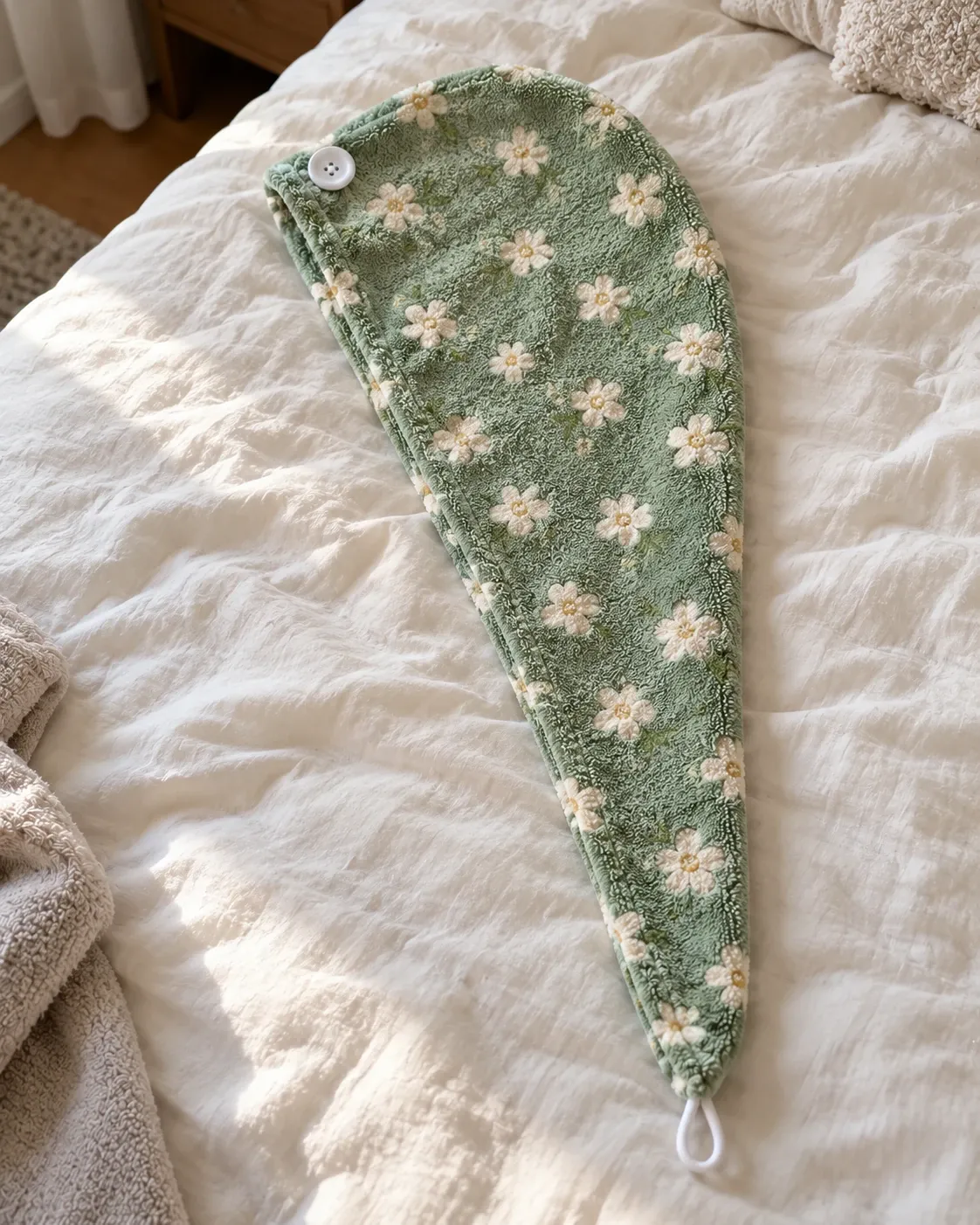 Touca toalha verde com estampa floral sobre a cama