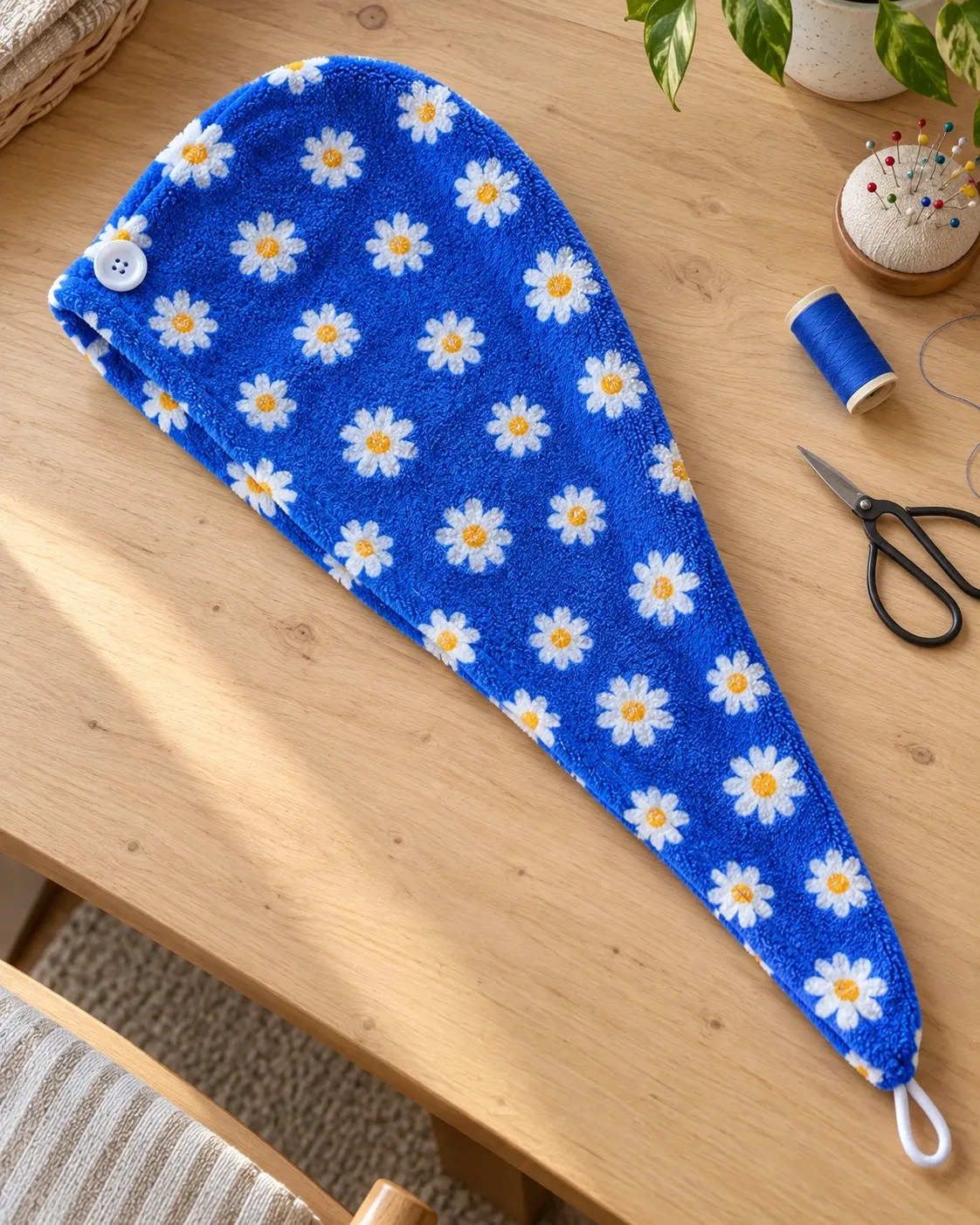 Touca toalha azul com estampa de flores