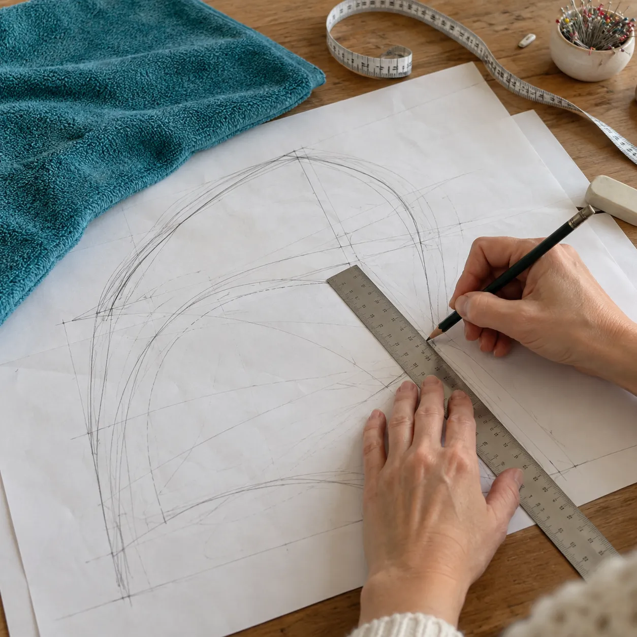 Mãos tentando desenhar o molde da touca toalha à mão no papel